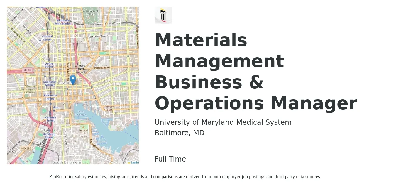 University of Maryland Medical System job posting for a Materials Management Business & Operations Manager in Baltimore, MD with a salary of $64,600 to $108,800 Yearly with a map of Baltimore location.