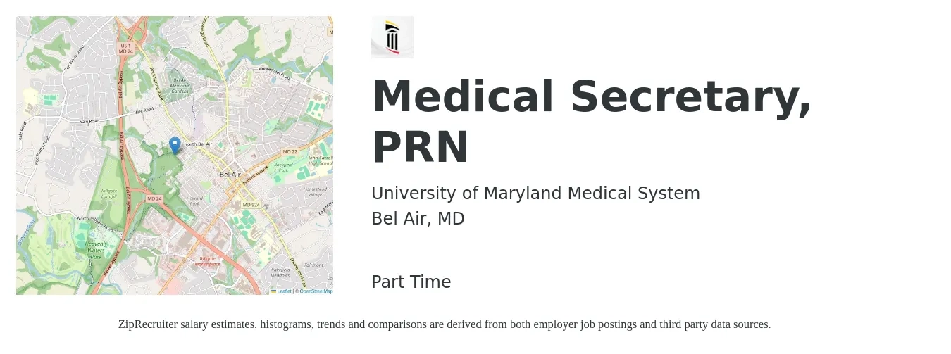 University of Maryland Medical System job posting for a Medical Secretary, PRN in Bel Air, MD with a salary of $18 to $22 Hourly with a map of Bel Air location.