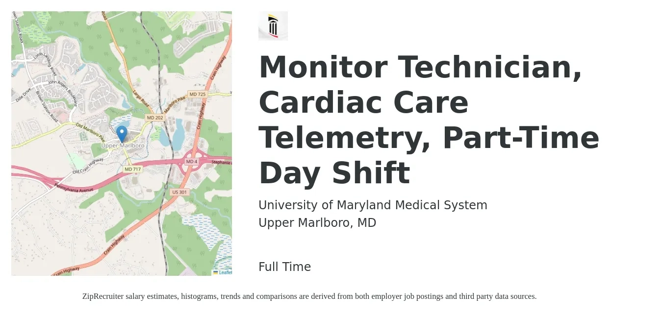 University of Maryland Medical System job posting for a Monitor Technician, Cardiac Care Telemetry, Part-Time Day Shift in Upper Marlboro, MD with a salary of $19 to $25 Hourly with a map of Upper Marlboro location.