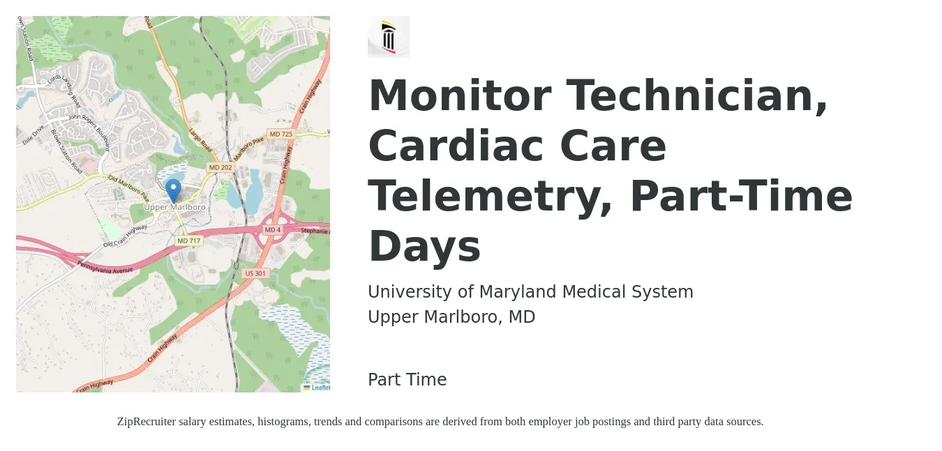 University of Maryland Medical System job posting for a Monitor Technician, Cardiac Care Telemetry, Part-Time Days in Upper Marlboro, MD with a salary of $19 to $25 Hourly with a map of Upper Marlboro location.
