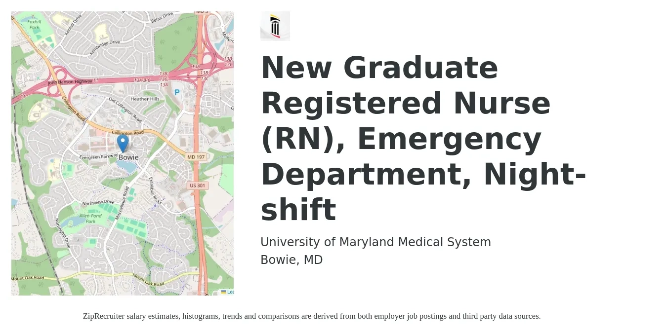University of Maryland Medical System job posting for a New Graduate Registered Nurse (RN), Emergency Department, Night-shift in Bowie, MD with a salary of $32 to $50 Hourly with a map of Bowie location.