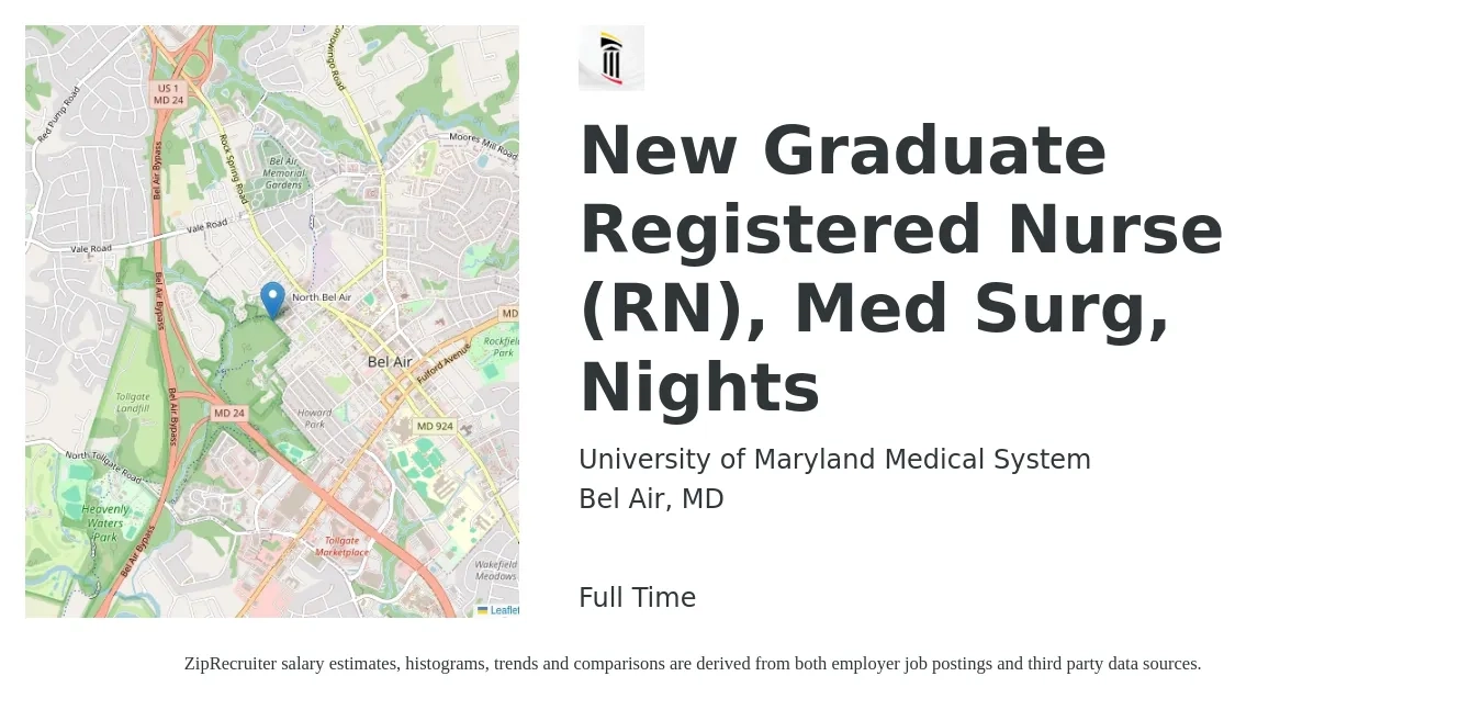 University of Maryland Medical System job posting for a New Graduate Registered Nurse (RN), Med Surg, Nights in Bel Air, MD with a salary of $31 to $50 Hourly with a map of Bel Air location.