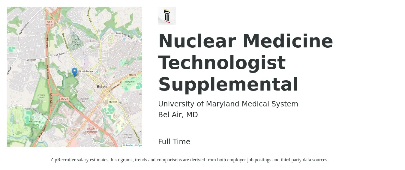 University of Maryland Medical System job posting for a Nuclear Medicine Technologist Supplemental in Bel Air, MD with a salary of $39 to $62 Hourly with a map of Bel Air location.
