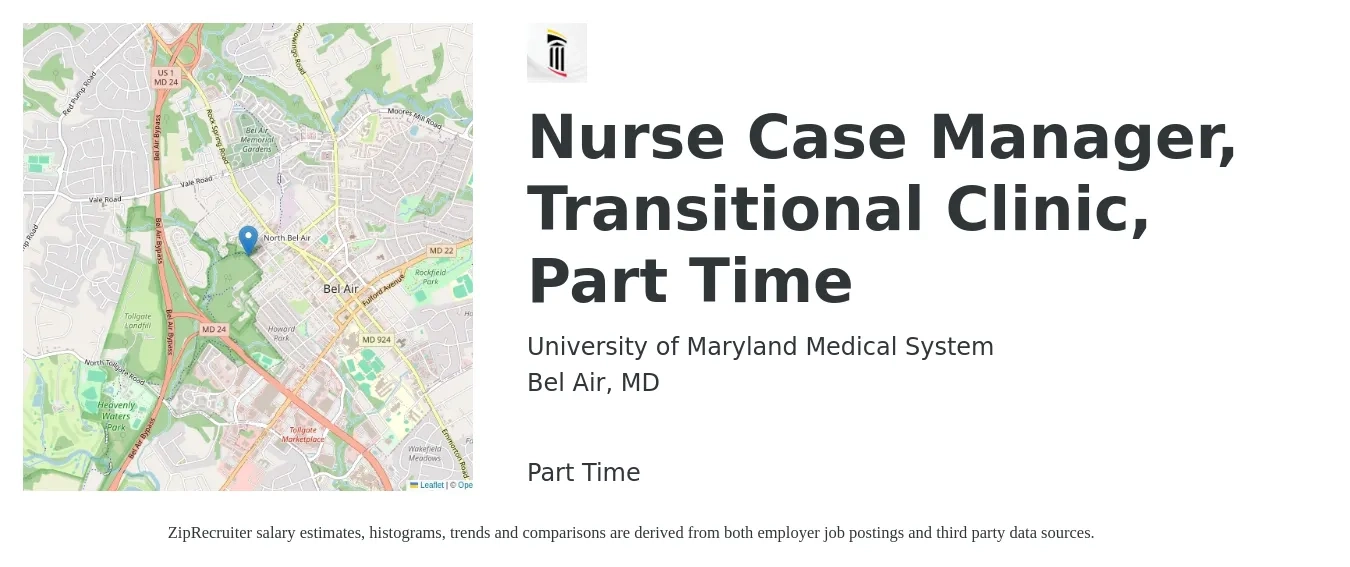 University of Maryland Medical System job posting for a Nurse Case Manager, Transitional Clinic, Part Time in Bel Air, MD with a salary of $35 to $57 Hourly with a map of Bel Air location.
