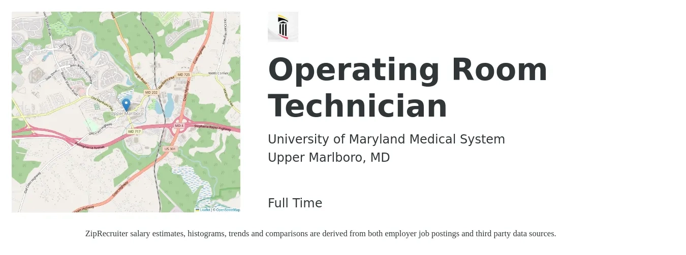 University of Maryland Medical System job posting for a Operating Room Technician in Upper Marlboro, MD with a salary of $1,400 to $2,090 Weekly with a map of Upper Marlboro location.