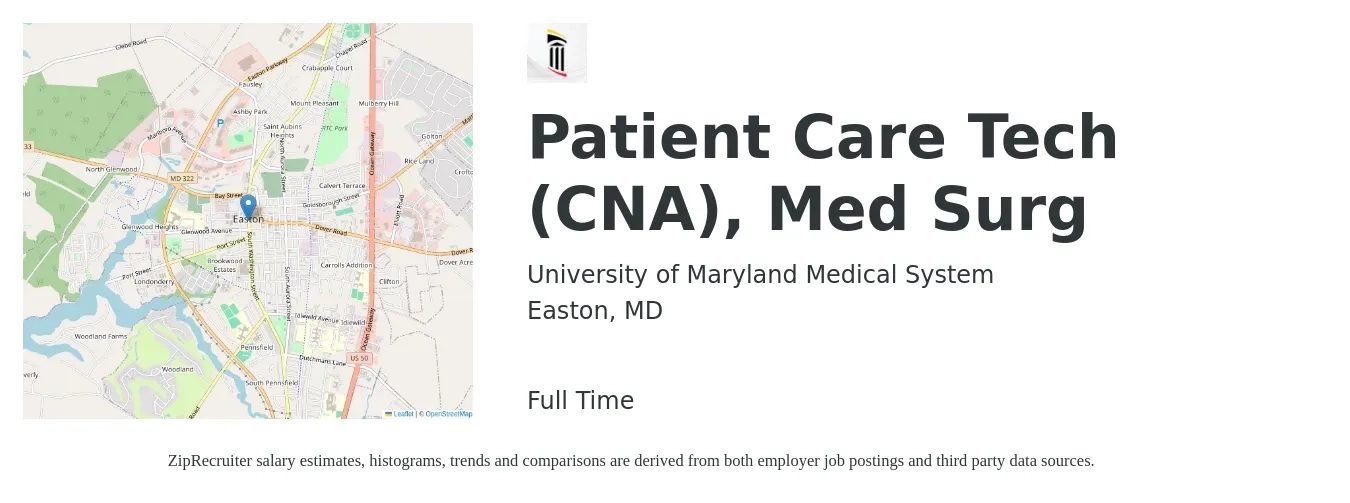University of Maryland Medical System job posting for a Patient Care Tech (CNA), Med Surg in Easton, MD with a salary of $17 to $24 Hourly with a map of Easton location.