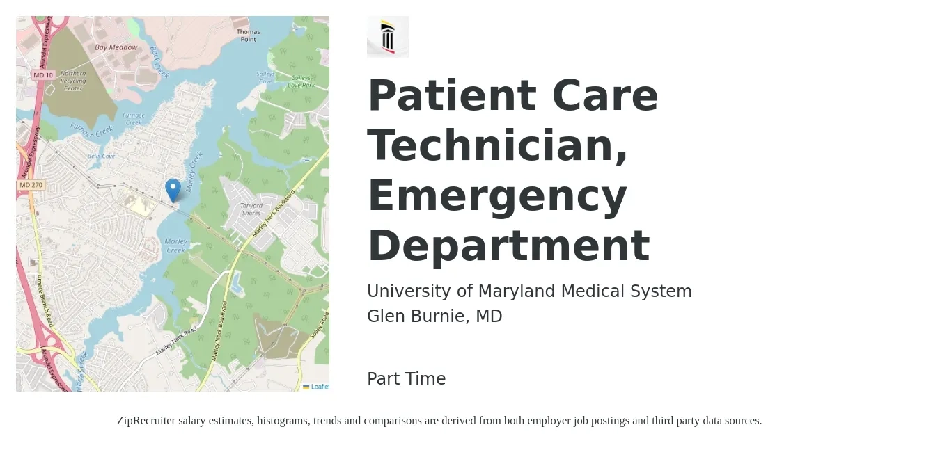 University of Maryland Medical System job posting for a Patient Care Technician, Emergency Department in Glen Burnie, MD with a salary of $16 to $26 Hourly with a map of Glen Burnie location.