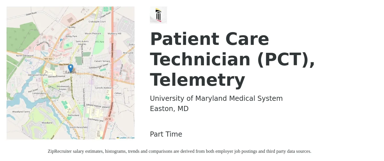 University of Maryland Medical System job posting for a Patient Care Technician (PCT), Telemetry in Easton, MD with a salary of $16 to $21 Hourly with a map of Easton location.