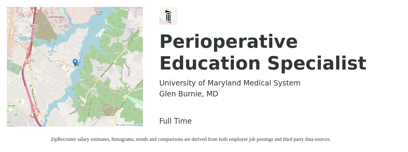 University of Maryland Medical System job posting for a Perioperative Education Specialist in Glen Burnie, MD with a salary of $50,300 to $77,200 Yearly with a map of Glen Burnie location.