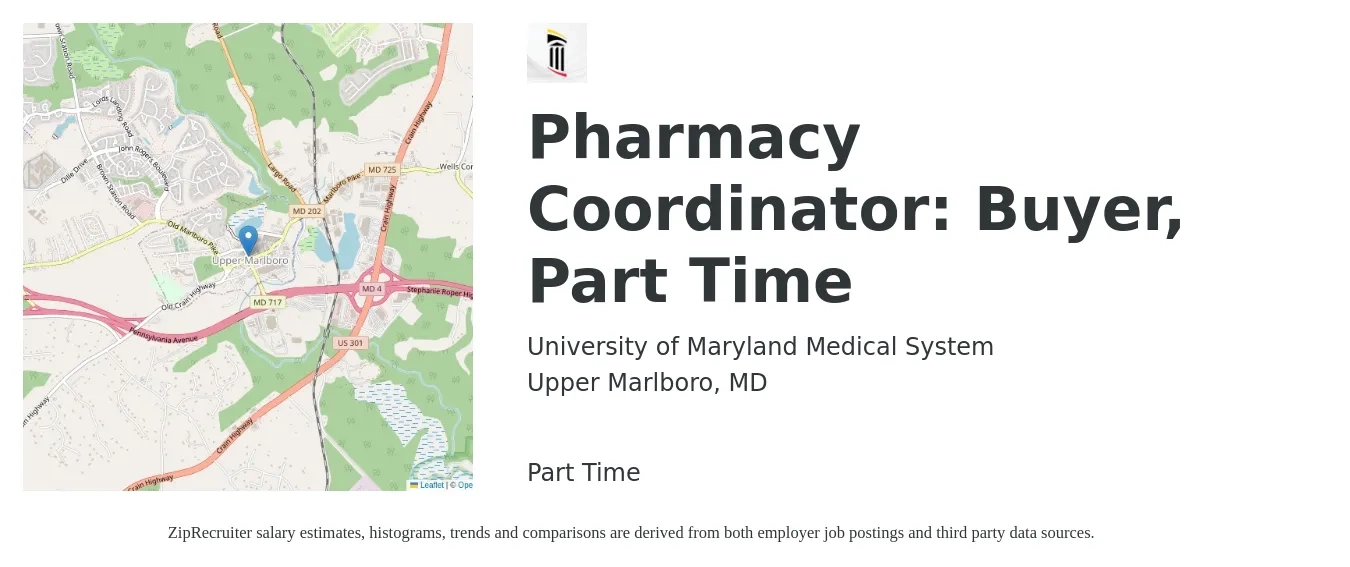 University of Maryland Medical System job posting for a Pharmacy Coordinator: Buyer, Part Time in Upper Marlboro, MD with a salary of $17 to $25 Hourly with a map of Upper Marlboro location.