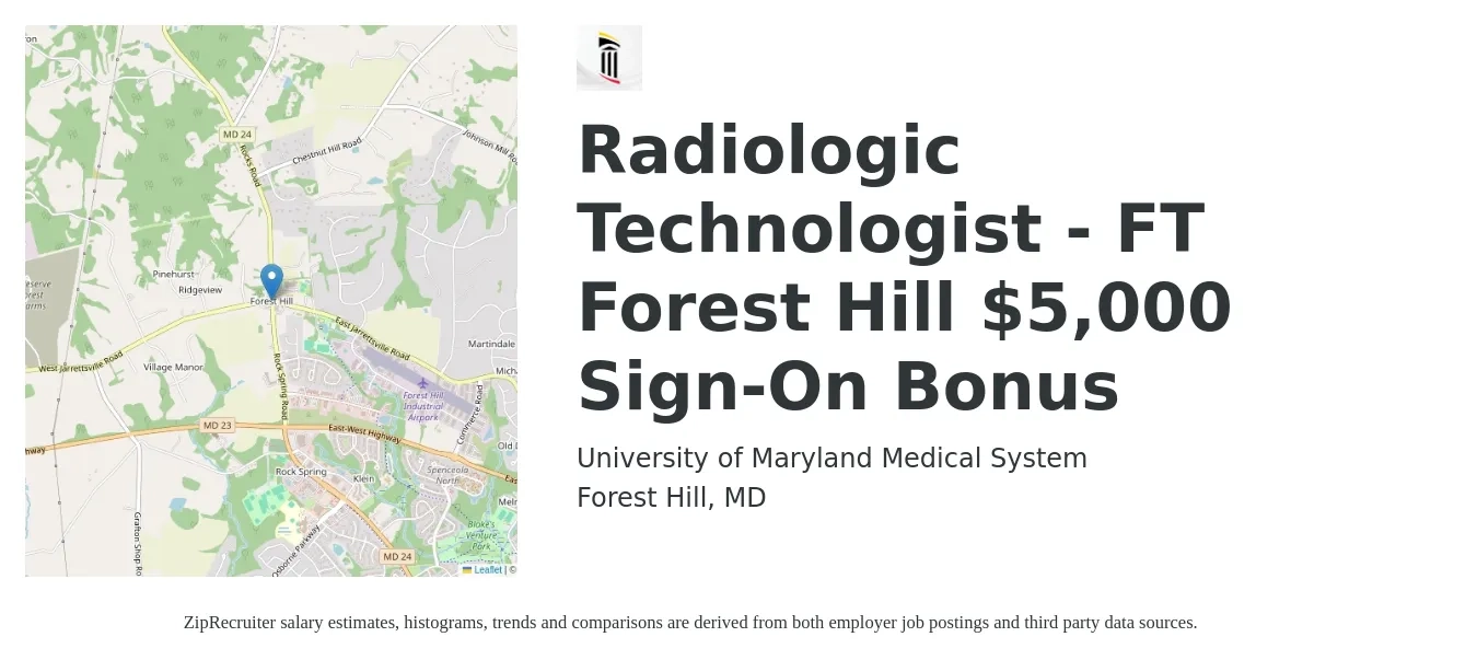 University of Maryland Medical System job posting for a Radiologic Technologist - FT Forest Hill $5,000 Sign-On Bonus in Forest Hill, MD with a salary of $1,180 to $2,450 Weekly with a map of Forest Hill location.