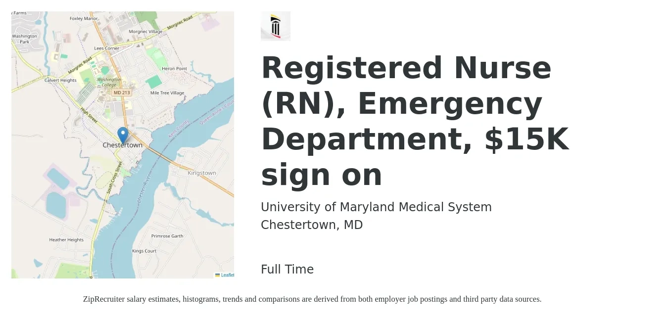 University of Maryland Medical System job posting for a Registered Nurse (RN), Emergency Department, $15K sign on in Chestertown, MD with a salary of $31 to $50 Hourly with a map of Chestertown location.