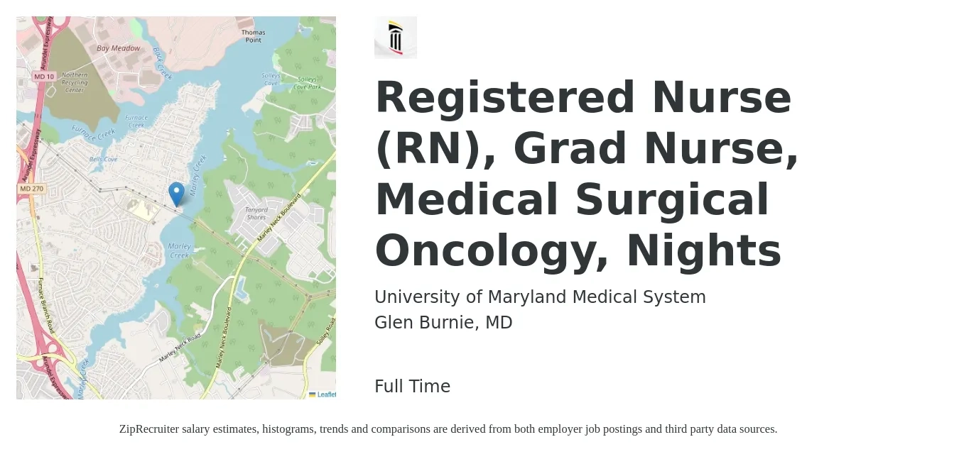 University of Maryland Medical System job posting for a Registered Nurse (RN), Grad Nurse, Medical Surgical Oncology, Nights in Glen Burnie, MD with a salary of $32 to $51 Hourly with a map of Glen Burnie location.
