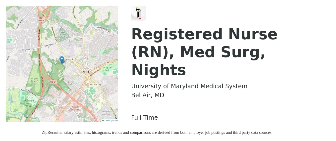 University of Maryland Medical System job posting for a Registered Nurse (RN), Med Surg, Nights in Bel Air, MD with a salary of $31 to $50 Hourly with a map of Bel Air location.