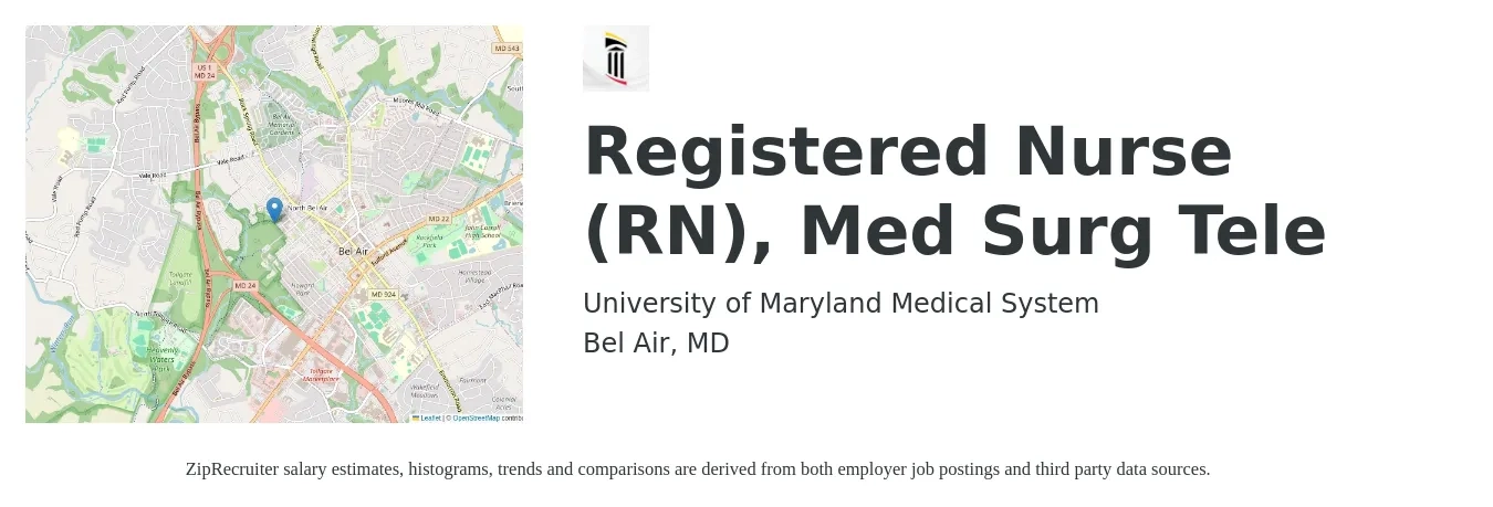 University of Maryland Medical System job posting for a Registered Nurse (RN), Med Surg Tele in Bel Air, MD with a salary of $31 to $50 Hourly with a map of Bel Air location.