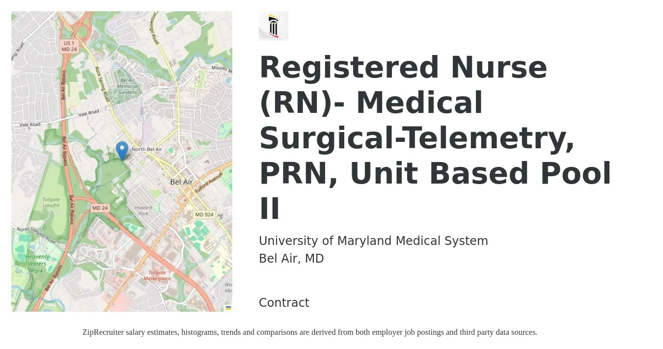 University of Maryland Medical System job posting for a Registered Nurse (RN)- Medical Surgical-Telemetry, PRN, Unit Based Pool II in Bel Air, MD with a salary of $31 to $50 Hourly with a map of Bel Air location.