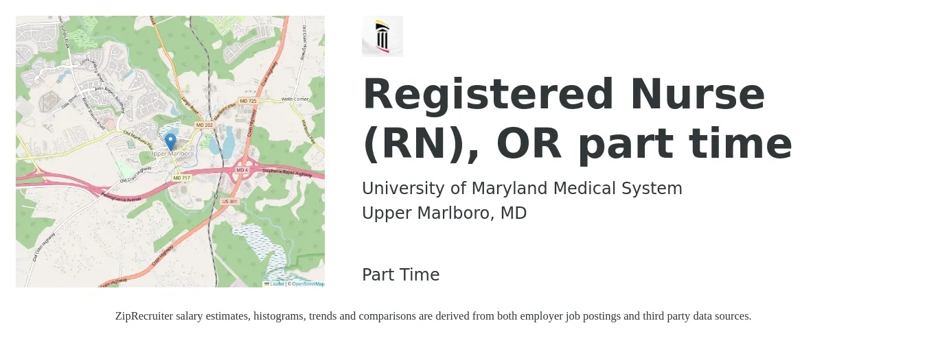 University of Maryland Medical System job posting for a Registered Nurse (RN), OR part time in Upper Marlboro, MD with a salary of $32 to $52 Hourly with a map of Upper Marlboro location.
