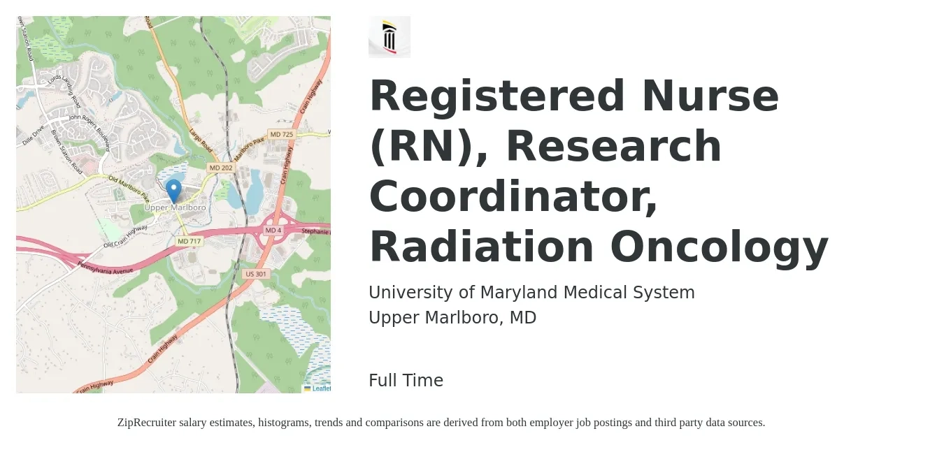 University of Maryland Medical System job posting for a Registered Nurse (RN), Research Coordinator, Radiation Oncology in Upper Marlboro, MD with a salary of $32 to $44 Hourly with a map of Upper Marlboro location.