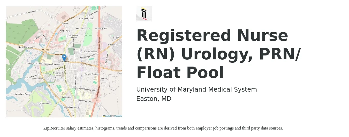 University of Maryland Medical System job posting for a Registered Nurse (RN) Urology, PRN/ Float Pool in Easton, MD with a salary of $33 to $53 Hourly with a map of Easton location.