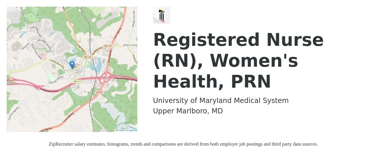 University of Maryland Medical System job posting for a Registered Nurse (RN), Women's Health, PRN in Upper Marlboro, MD with a salary of $32 to $52 Hourly with a map of Upper Marlboro location.