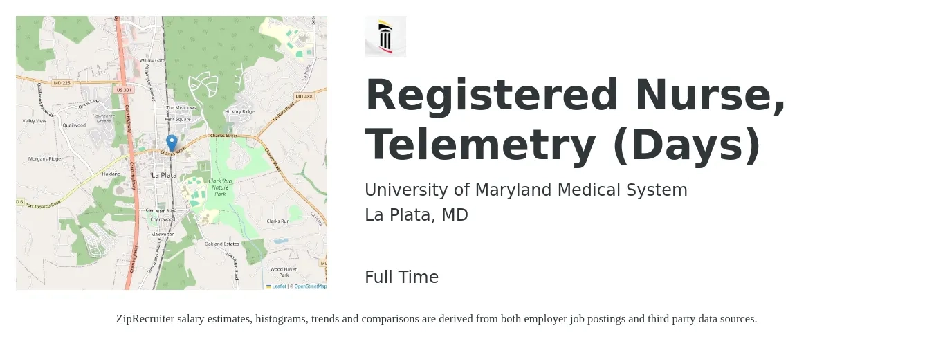 University of Maryland Medical System job posting for a Registered Nurse, Telemetry (Days) in La Plata, MD with a salary of $35 to $54 Hourly with a map of La Plata location.