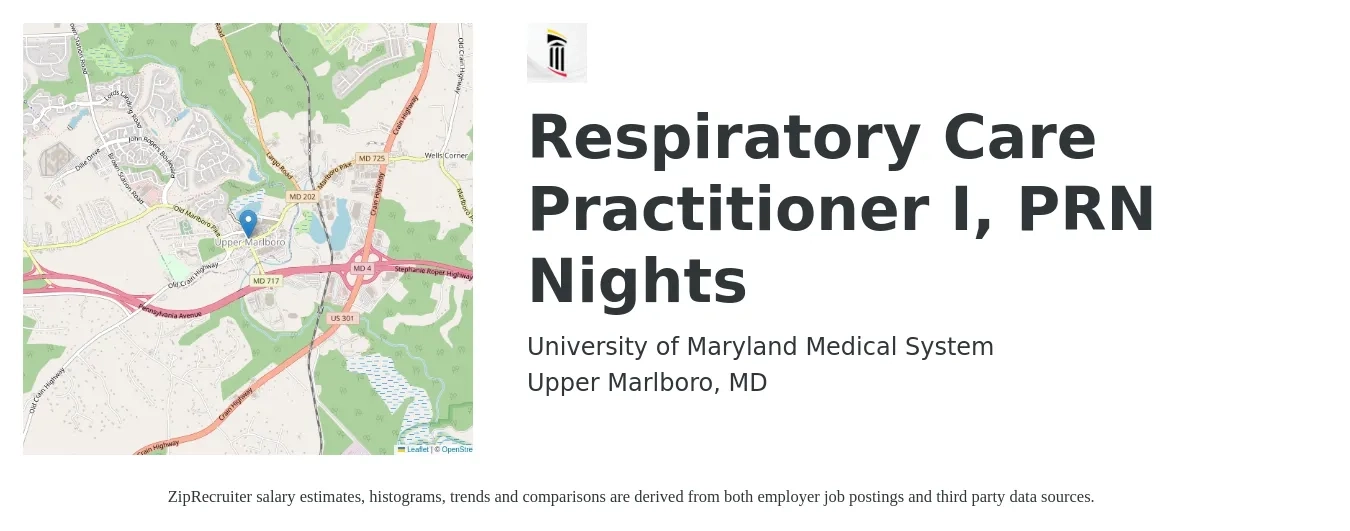 University of Maryland Medical System job posting for a Respiratory Care Practitioner I, PRN Nights in Upper Marlboro, MD with a salary of $34 to $49 Hourly with a map of Upper Marlboro location.