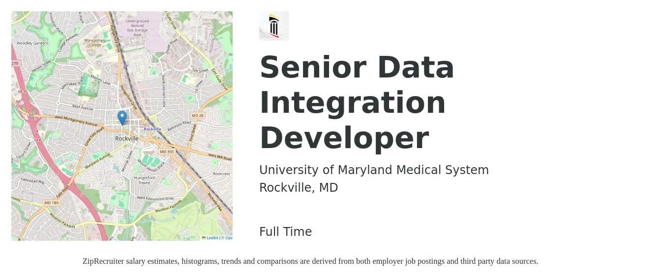 University of Maryland Medical System job posting for a Senior Data Integration Developer in Rockville, MD with a salary of $57 to $72 Hourly with a map of Rockville location.