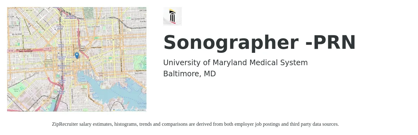 University of Maryland Medical System job posting for a Sonographer -PRN in Baltimore, MD with a salary of $1,610 to $2,720 Weekly with a map of Baltimore location.