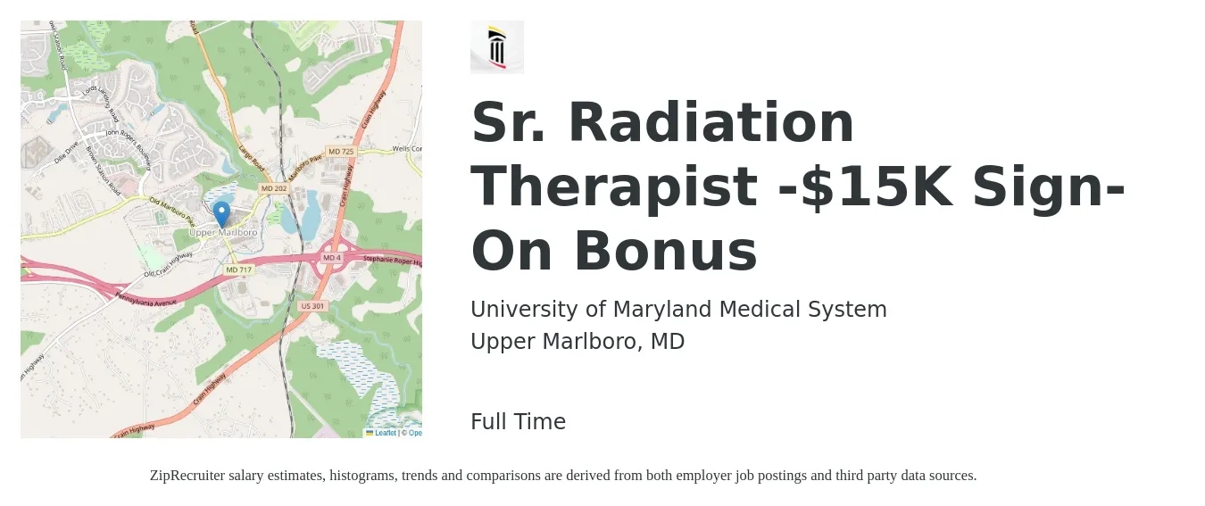 University of Maryland Medical System job posting for a Sr. Radiation Therapist -$15K Sign-On Bonus in Upper Marlboro, MD with a salary of $98,200 to $125,400 Yearly with a map of Upper Marlboro location.