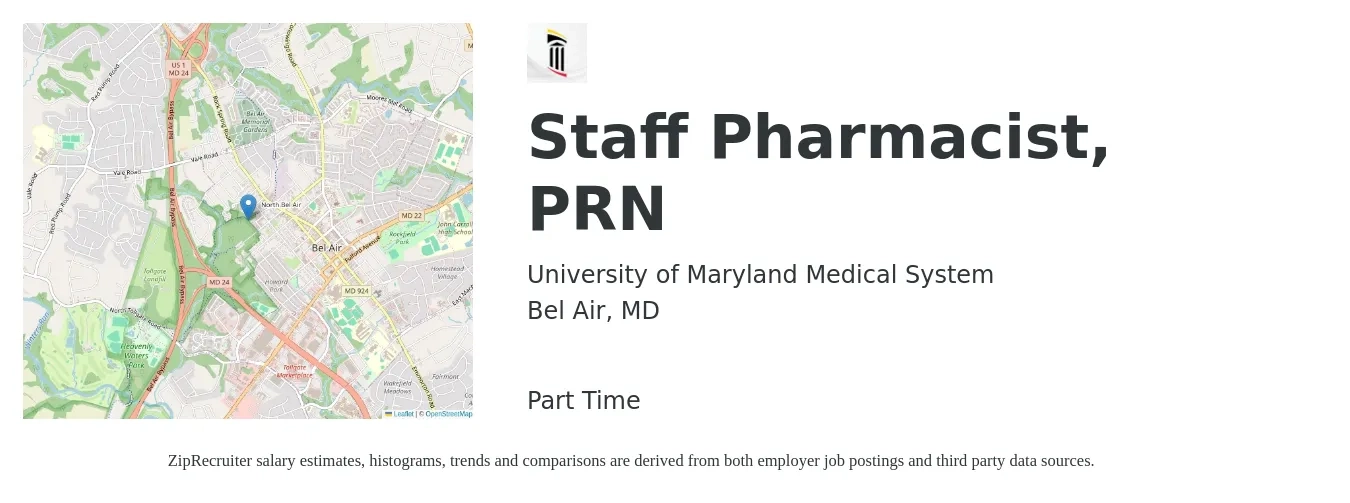 University of Maryland Medical System job posting for a Staff Pharmacist, PRN in Bel Air, MD with a salary of $56 to $66 Hourly with a map of Bel Air location.