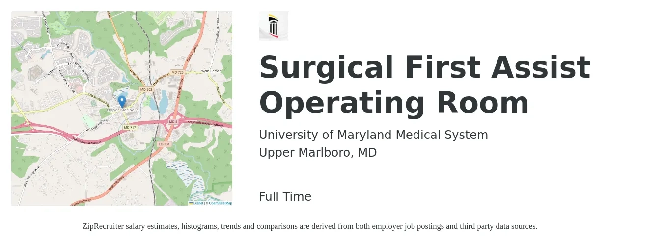 University of Maryland Medical System job posting for a Surgical First Assist Operating Room in Upper Marlboro, MD with a salary of $19 to $31 Hourly with a map of Upper Marlboro location.