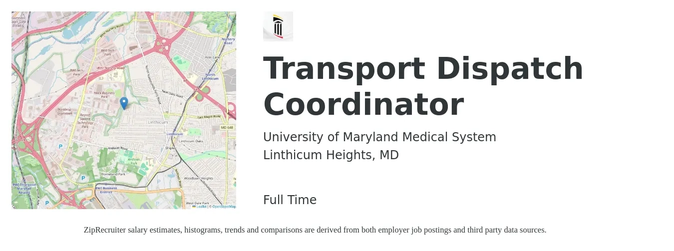 University of Maryland Medical System job posting for a Transport Dispatch Coordinator in Linthicum Heights, MD with a salary of $19 to $34 Hourly with a map of Linthicum Heights location.