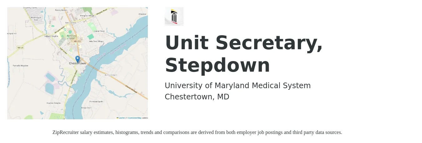University of Maryland Medical System job posting for a Unit Secretary, Stepdown in Chestertown, MD with a salary of $40,600 to $49,600 Yearly with a map of Chestertown location.