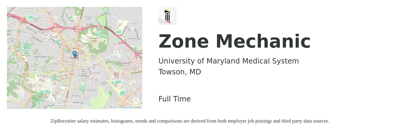 University of Maryland Medical System job posting for a Zone Mechanic in Towson, MD with a salary of $20 to $29 Hourly with a map of Towson location.