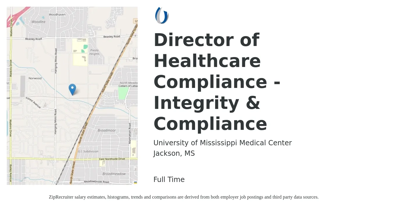 University of Mississippi Medical Center job posting for a Director of Healthcare Compliance - Integrity & Compliance in Jackson, MS with a salary of $87,100 to $126,400 Yearly with a map of Jackson location.
