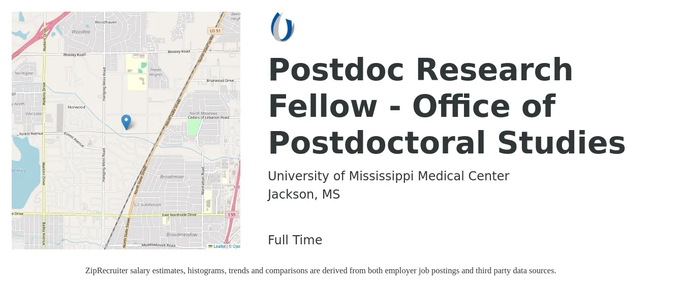 University of Mississippi Medical Center job posting for a Postdoc Research Fellow - Office of Postdoctoral Studies in Jackson, MS with a salary of $42,700 to $57,900 Yearly with a map of Jackson location.