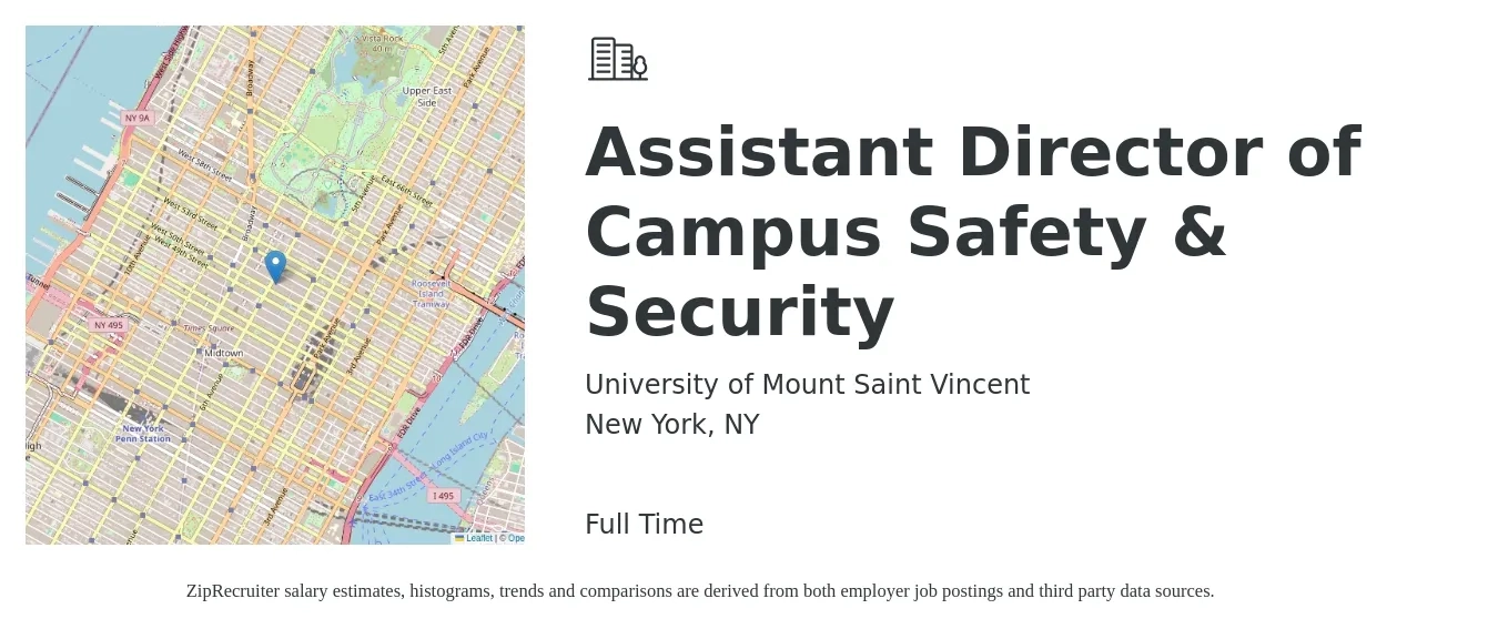 University of Mount Saint Vincent job posting for a Assistant Director of Campus Safety & Security in New York, NY with a salary of $62,400 to $123,200 Yearly with a map of New York location.