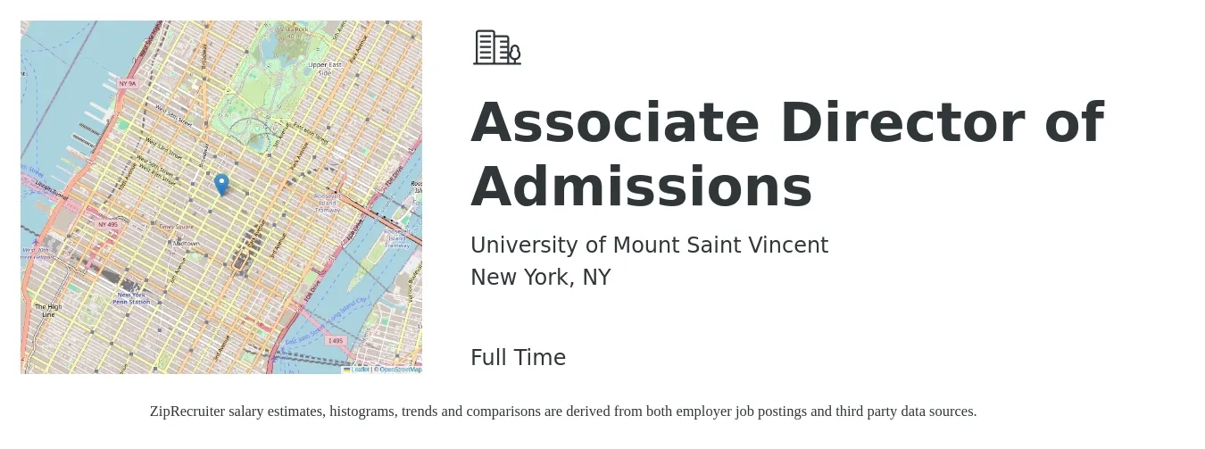 University of Mount Saint Vincent job posting for a Associate Director of Admissions in New York, NY with a salary of $65,000 to $75,000 Yearly with a map of New York location.