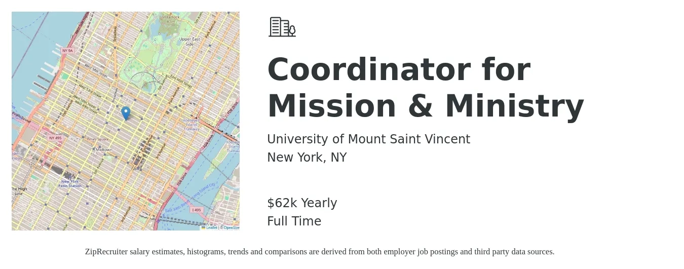 University of Mount Saint Vincent job posting for a Coordinator for Mission & Ministry in New York, NY with a salary of $62,400 Yearly with a map of New York location.