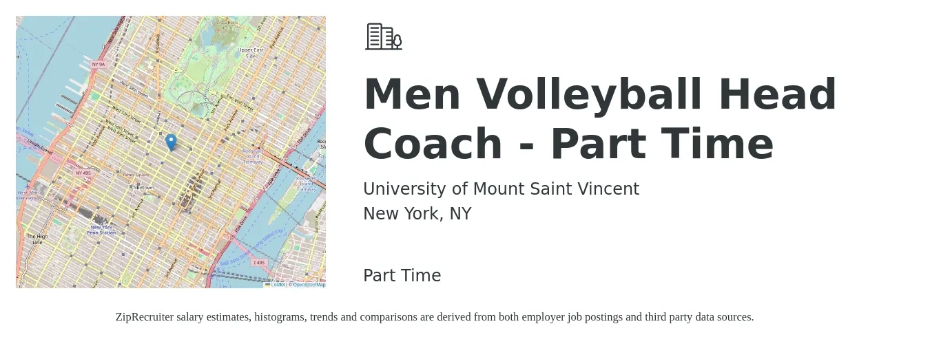 University of Mount Saint Vincent job posting for a Men Volleyball Head Coach - Part Time in New York, NY with a salary of $16 to $32 Hourly with a map of New York location.