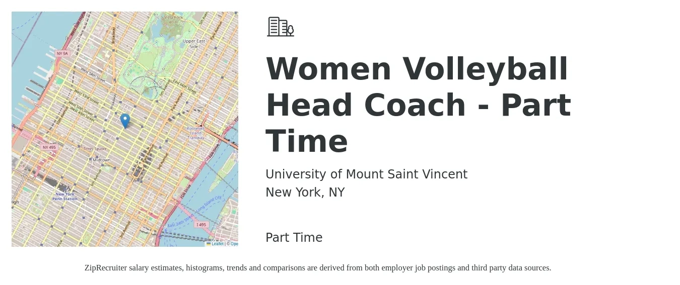 University of Mount Saint Vincent job posting for a Women Volleyball Head Coach - Part Time in New York, NY with a salary of $16 to $32 Hourly with a map of New York location.