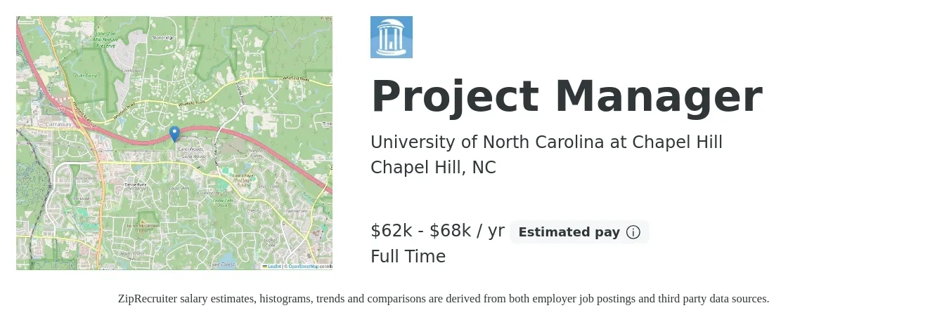 University of North Carolina at Chapel Hill job posting for a Project Manager in Chapel Hill, NC with a salary of $78,246 to $101,243 Yearly and benefits including medical, pto, retirement, vision, dental, and life_insurance with a map of Chapel Hill location.