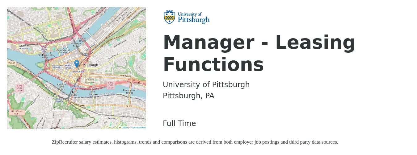 University of Pittsburgh job posting for a Manager - Leasing Functions in Pittsburgh, PA with a salary of $42,900 to $112,700 Yearly with a map of Pittsburgh location.