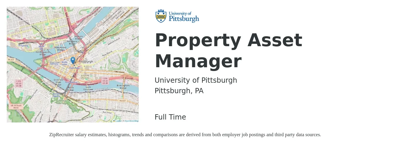 University of Pittsburgh job posting for a Property Asset Manager in Pittsburgh, PA with a salary of $69,400 to $101,600 Yearly with a map of Pittsburgh location.