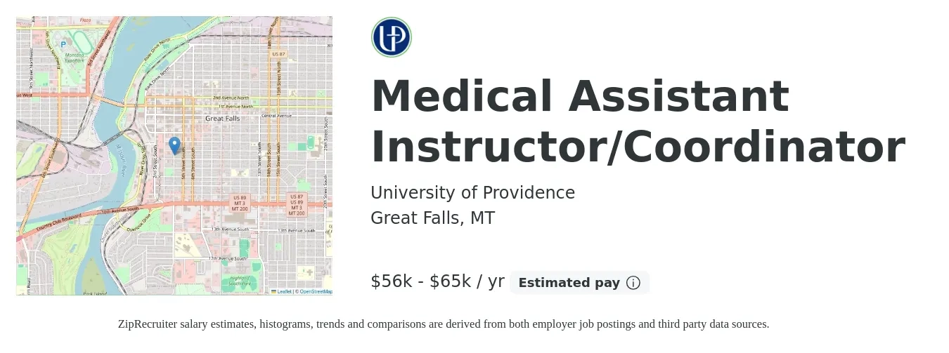 University of Providence job posting for a Medical Assistant Instructor/Coordinator in Great Falls, MT with a salary of $56,000 to $65,000 Yearly with a map of Great Falls location.