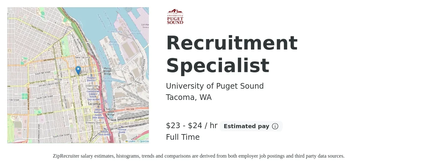 University of Puget Sound job posting for a Recruitment Specialist in Tacoma, WA with a salary of $24 to $26 Hourly with a map of Tacoma location.