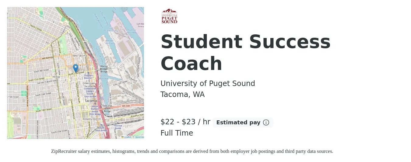 University of Puget Sound job posting for a Student Success Coach in Tacoma, WA with a salary of $23 to $24 Hourly with a map of Tacoma location.