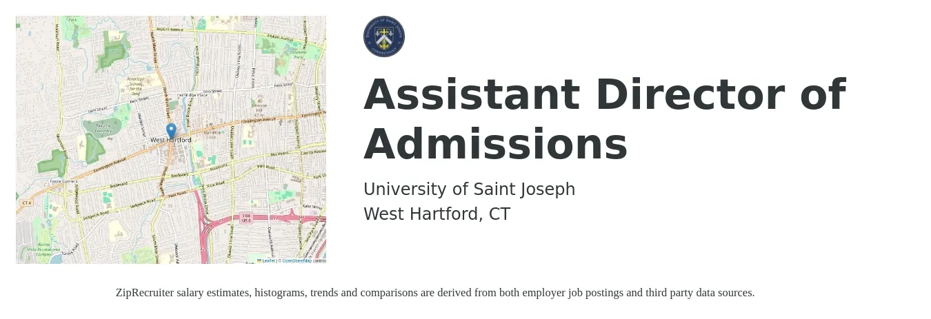 University of Saint Joseph job posting for a Assistant Director of Admissions in West Hartford, CT with a salary of $51,400 to $65,600 Yearly with a map of West Hartford location.