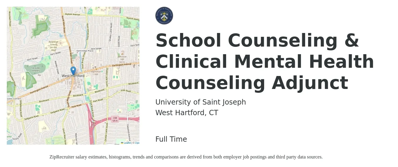 University of Saint Joseph job posting for a School Counseling & Clinical Mental Health Counseling Adjunct in West Hartford, CT with a salary of $60,500 to $79,900 Yearly with a map of West Hartford location.