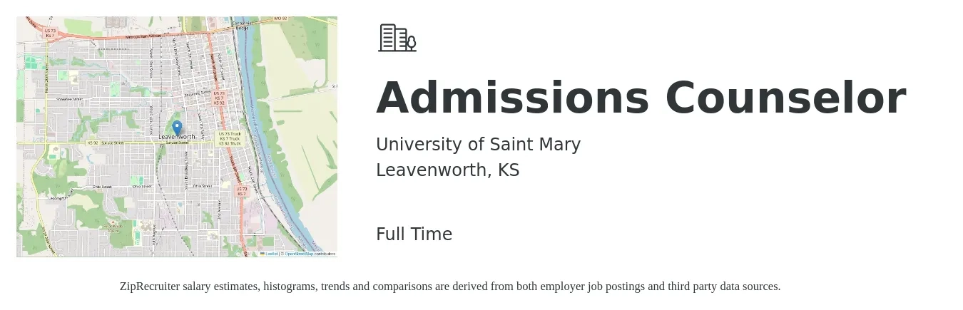 University of Saint Mary job posting for a Admissions Counselor in Leavenworth, KS with a salary of $36,900 to $49,900 Yearly with a map of Leavenworth location.